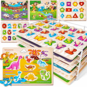 Wooden Toddler Puzzles Set with Rack – 6 Pack