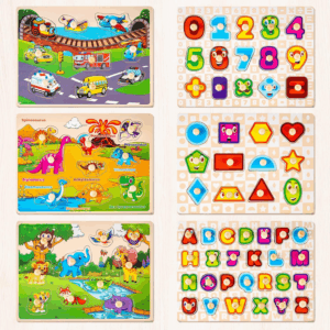 Wooden Toddler Puzzles Set with Rack – 6 Pack